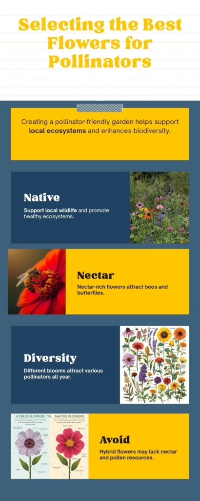 Transform Your Garden: The Ultimate Pollinator Friendly Garden Guide for Bees & Butterflies 3 Infographic - Selecting the Best Flowers for Pollinators