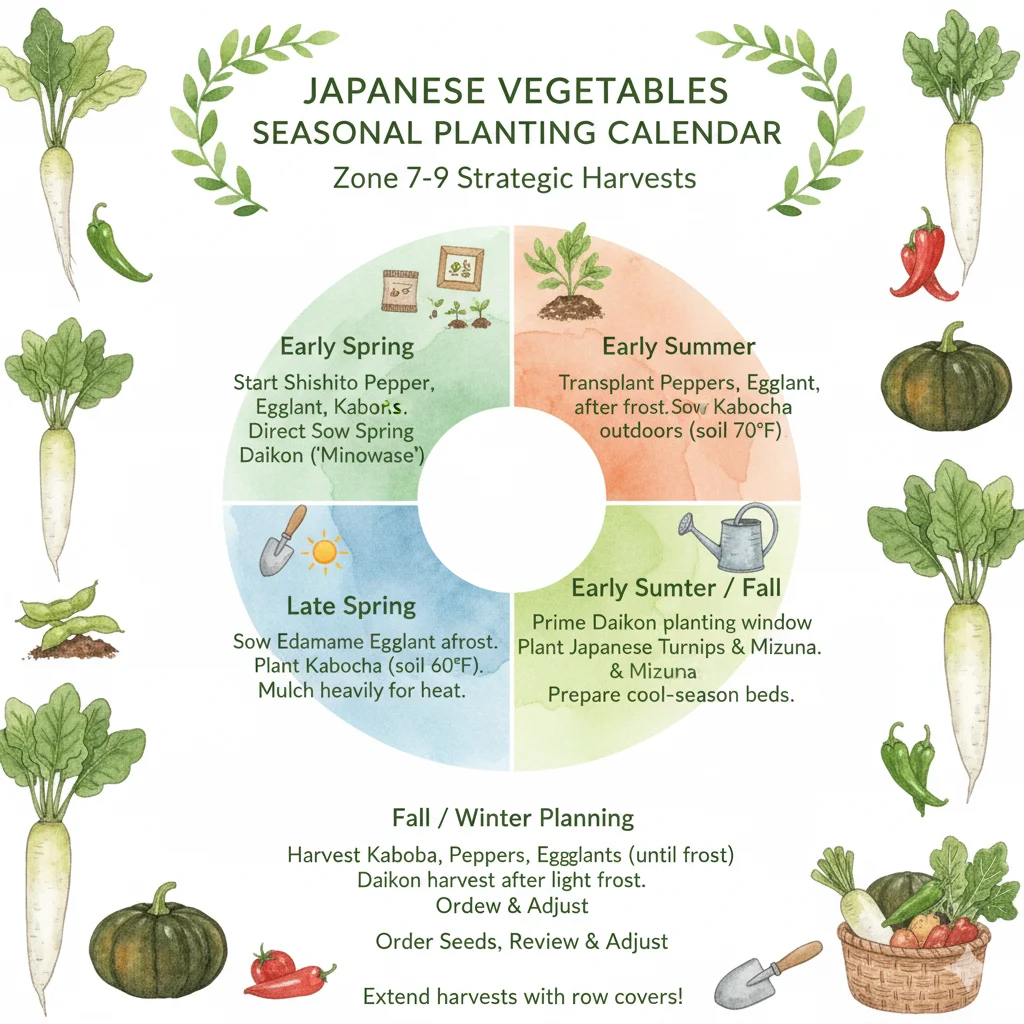 seasonal planting calendar infographic for Japanese vegetables in USA Zones 7-9