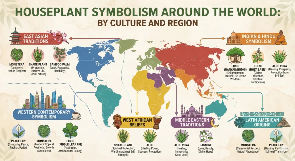Iconic Roots: The Fascinating History and Symbolism of Beloved Houseplants 4 Houseplant Symbolism Around the World infographic