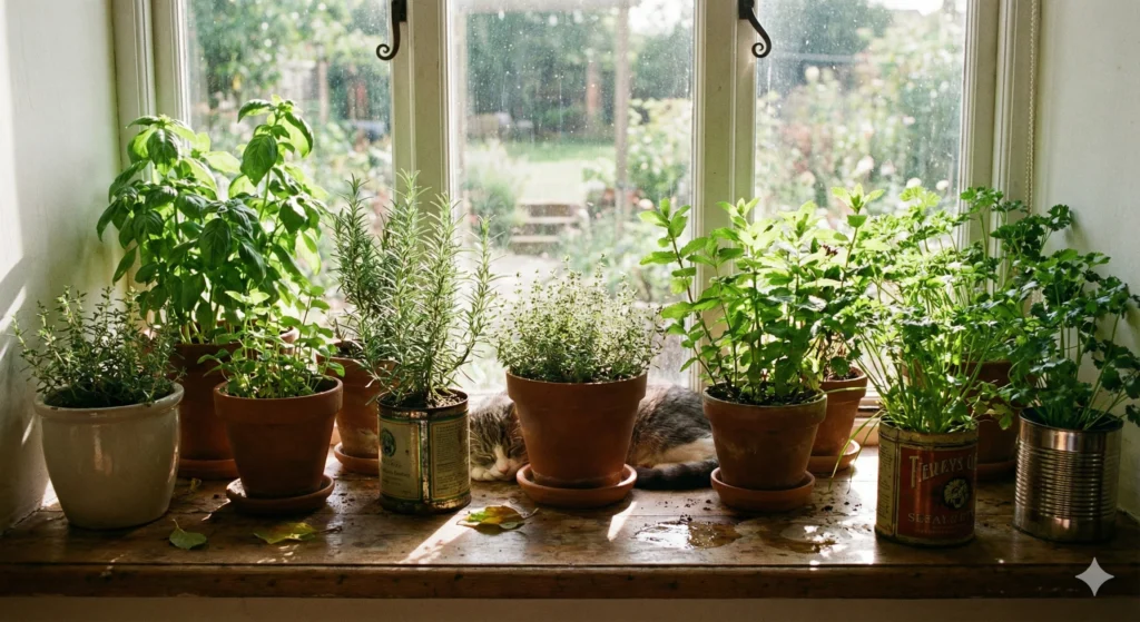 herbs growing on windowsill.