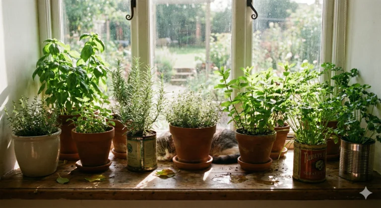 Easy Fixes for Common Windowsill Herb Mistakes 8 herbs growing on windowsill.