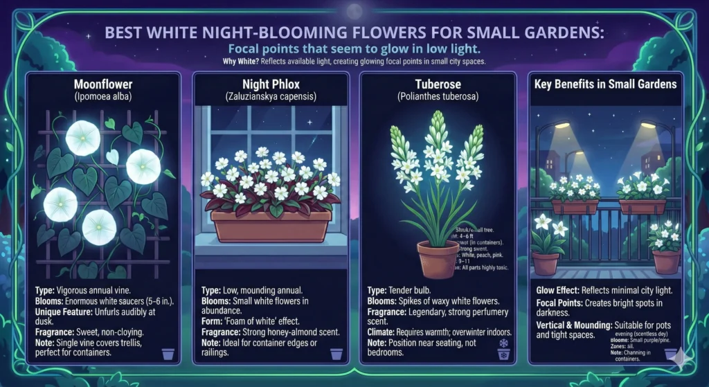 Best White Night-Blooming Flowers for Small Gardens infographic