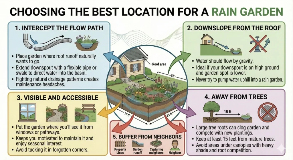 Rain Garden Basics: Essential Guide to Roof Runoff 5 Choosing the Best Location