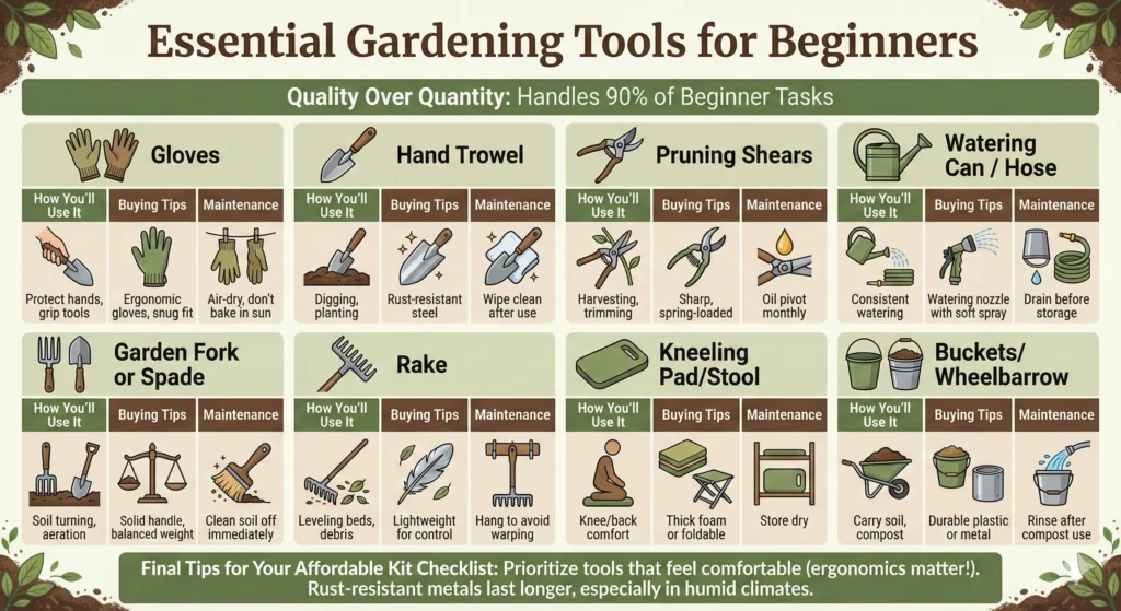 Ultimate Beginner Gardening Guide That Actually Works 2 Essential Gardening Tools for Beginners Infographic