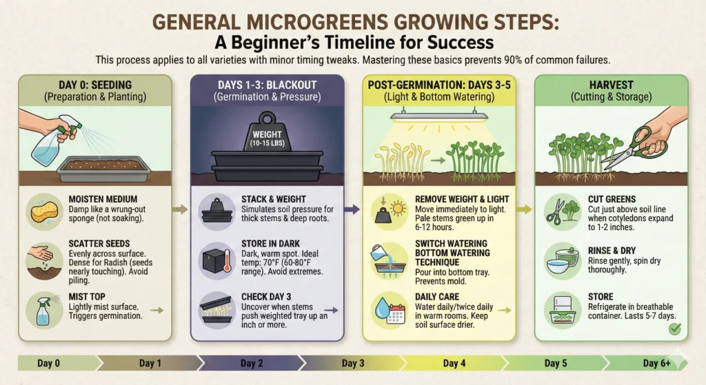 Rapid 5-Day Microgreens: Easy Beginner Timeline 4 General Growing Steps for microgreens infographic