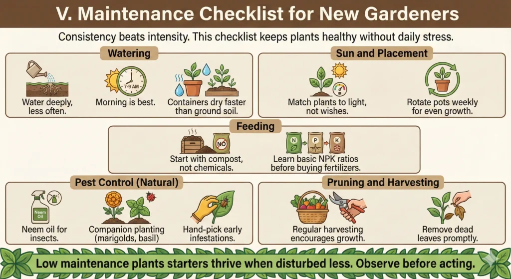 Ultimate Beginner Gardening Guide That Actually Works 5 Maintenance Checklist for New Gardeners Infographic
