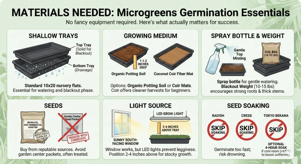 Rapid 5-Day Microgreens: Easy Beginner Timeline 3 Materials Needed for microgreens infographic
