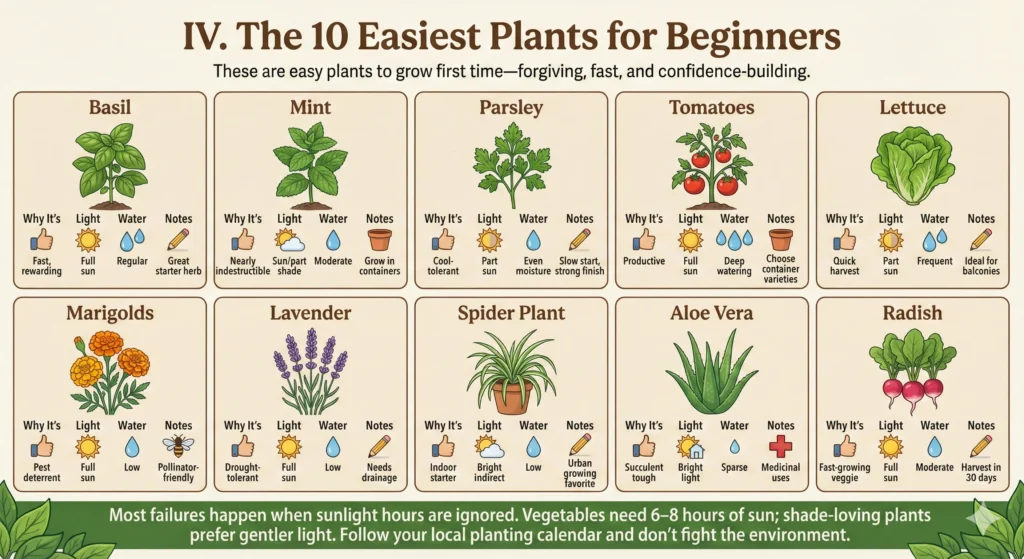 Ultimate Beginner Gardening Guide That Actually Works 4 The 10 Easiest Plants for Beginners Infographic