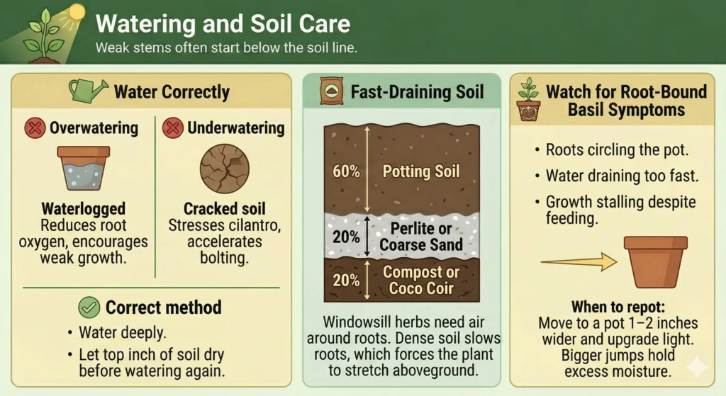 Watering and soil care For leggy Basil and cilantro infographic