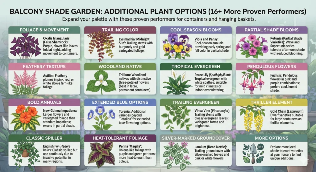 Thriving Shade Pots: 25+ Low-Light Winners for Lush Container Gardens 3 Additional Options (16+ More) Shade Friendly Plants Infographic