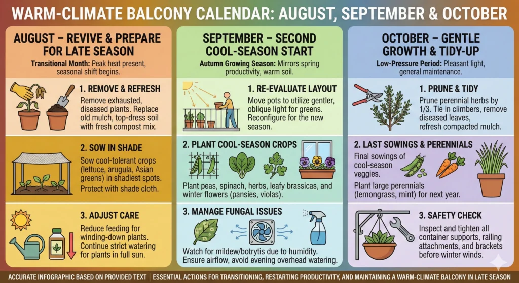 The Ultimate Balcony Garden Calendar for Warm Climates 7 August – Revive and Prepare for Late Season Infographic