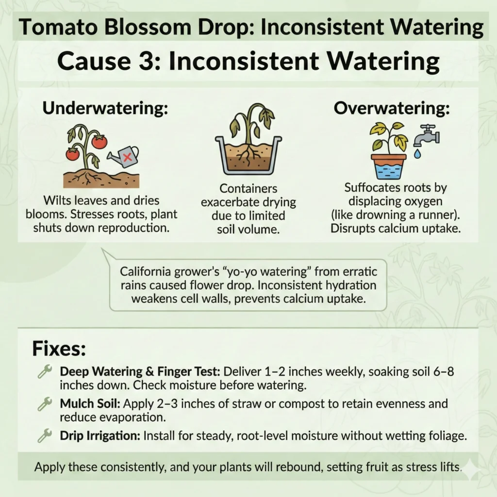 End Tomato Blossom Drop: 9 Quick Fixes for Bountiful Harvests 3 Cause 3 Inconsistent Watering tomatos growing infographic