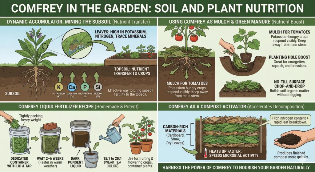 Ultimate Comfrey Guide: Grow, Harvest & Thrive 6 Comfrey in the Garden Soil and Plant Infographic