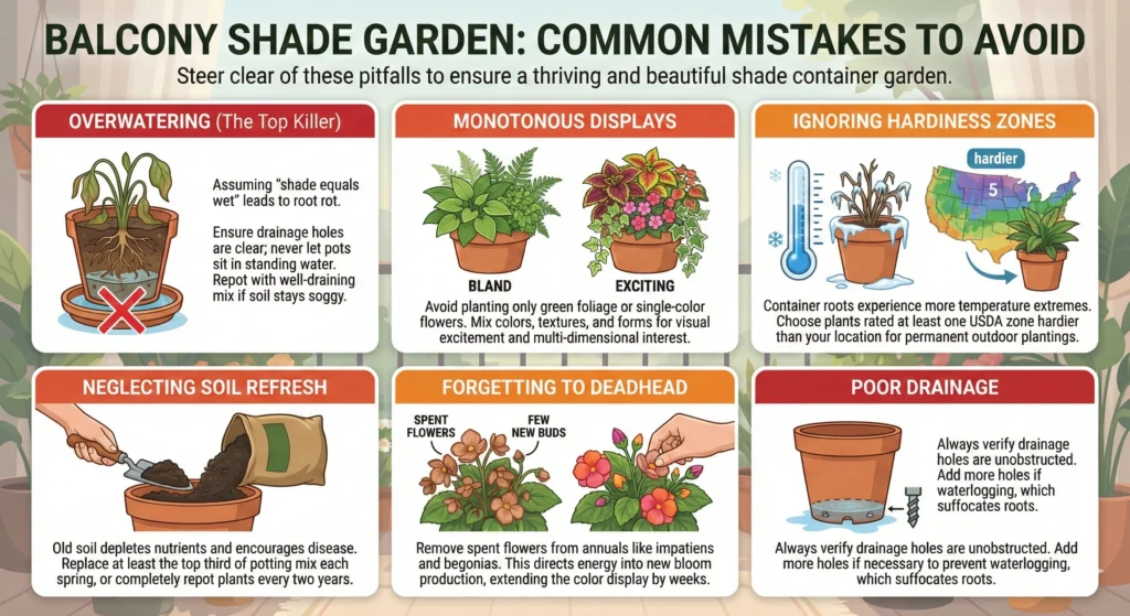 Thriving Shade Pots: 25+ Low-Light Winners for Lush Container Gardens 5 Common Mistakes to Avoid For Shade Plants - Infographic