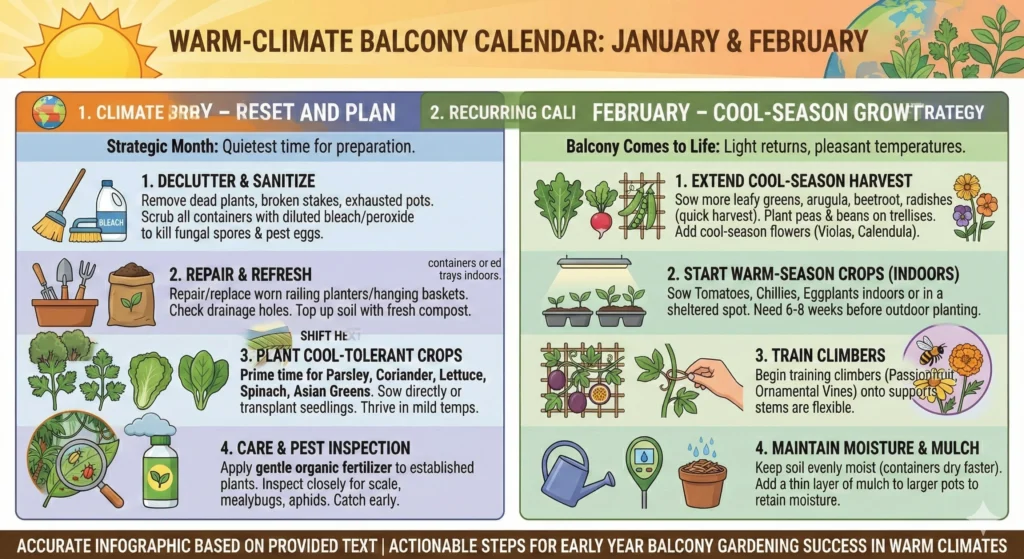 The Ultimate Balcony Garden Calendar for Warm Climates 4 January – Reset and Plan Infographic