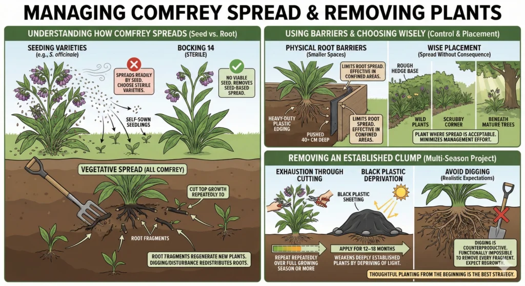 Ultimate Comfrey Guide: Grow, Harvest & Thrive 8 Managing Spread and Removing Plants Infographic