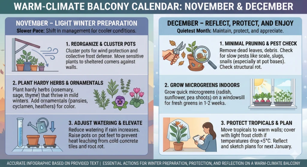 The Ultimate Balcony Garden Calendar for Warm Climates 8 November – Light Winter Preparation Infographic