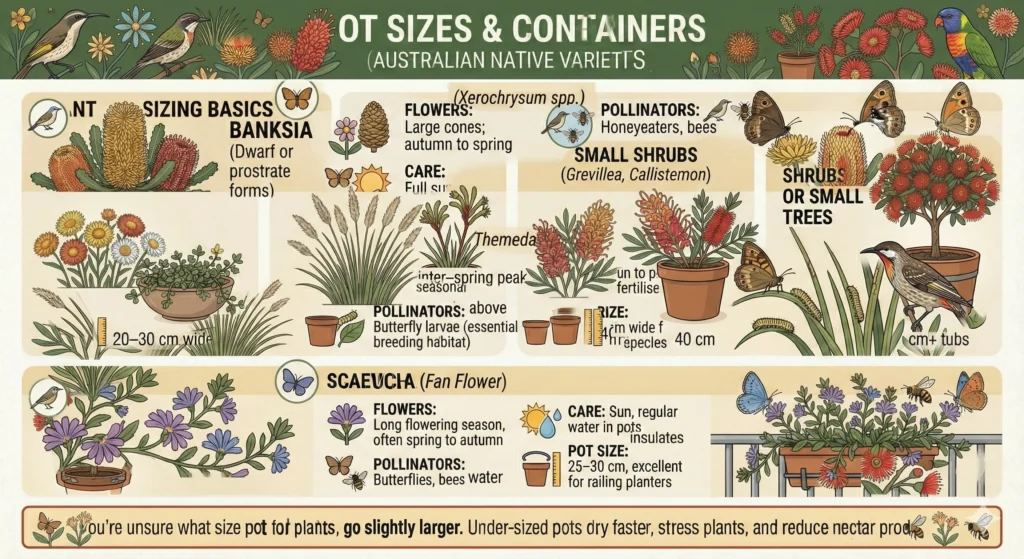Pot sizes and containers for pollinator plants Infographic