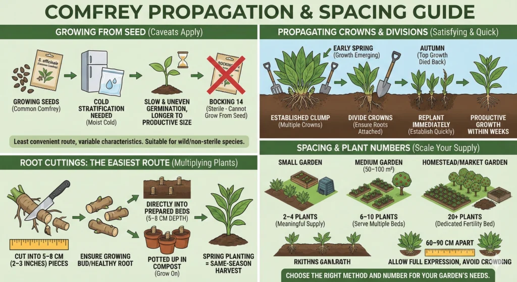 Ultimate Comfrey Guide: Grow, Harvest & Thrive 4 Propagation Seeds, Crowns and Root Cuttings Comfrey Infographic