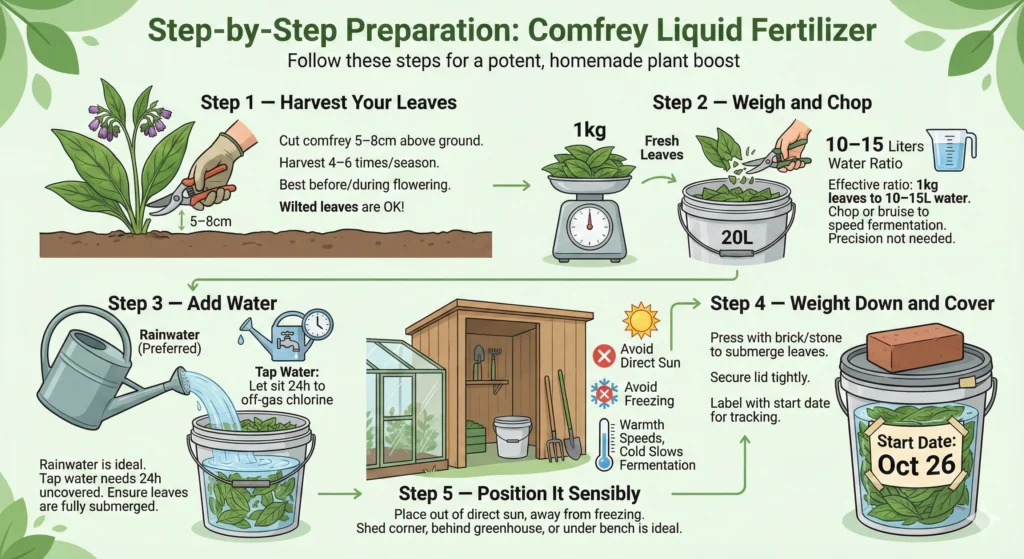Step-by-Step Preparation for Comfrey Fertilizer Infographic