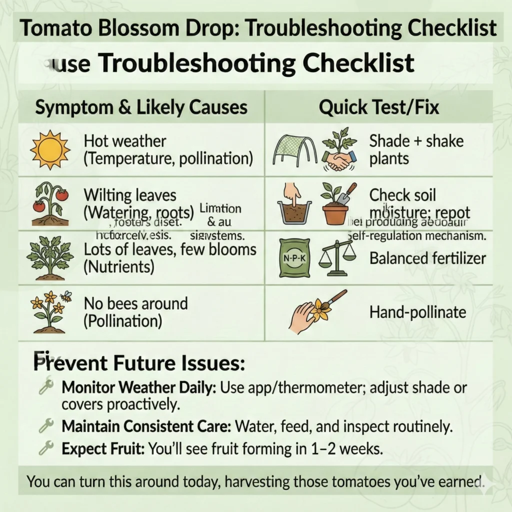 End Tomato Blossom Drop: 9 Quick Fixes for Bountiful Harvests 6 Troubleshooting Checklist For tomato care infographic