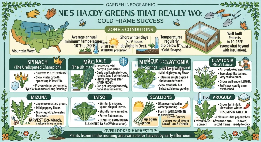 Smart Winter Gardening: Cold Frames for Zone 5 5 Zone 5 Hardy Greens That Really Work Infographic